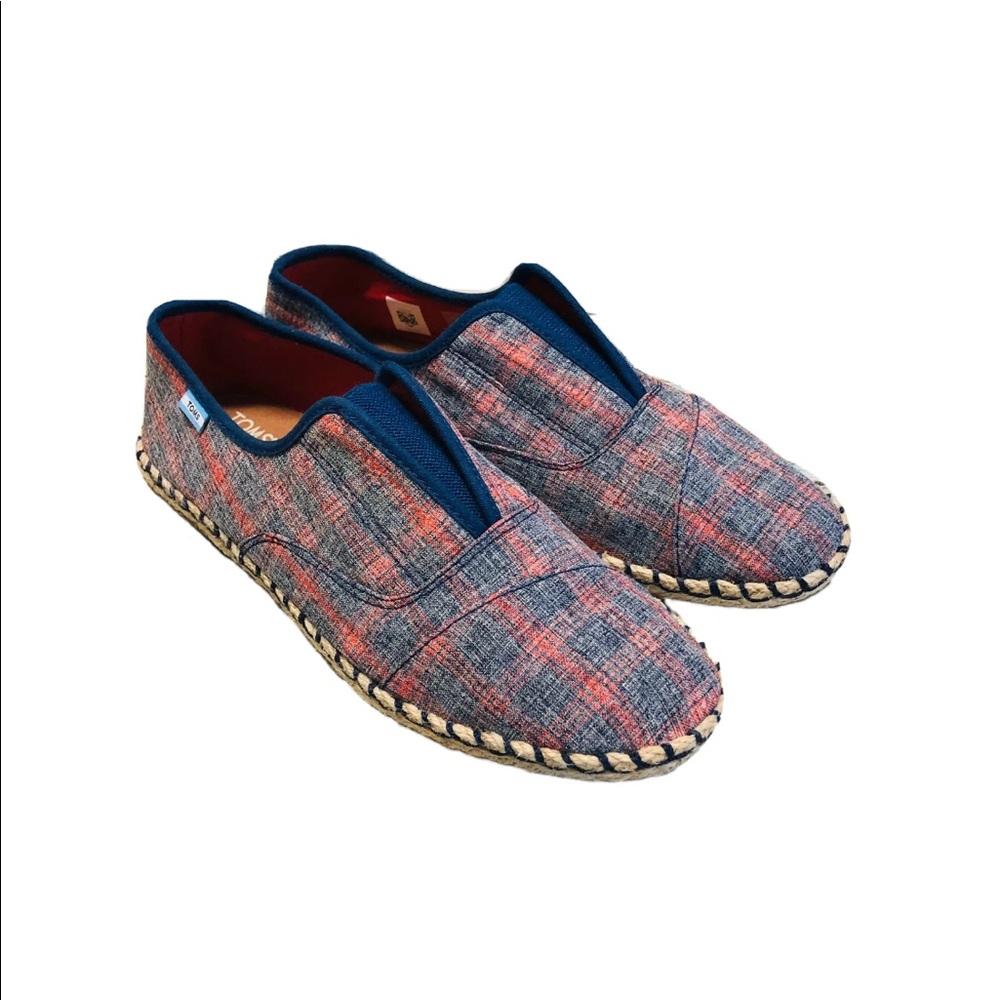 Toms Plaid Canvas Flat Shoes Slip On Red Blue Sz 7